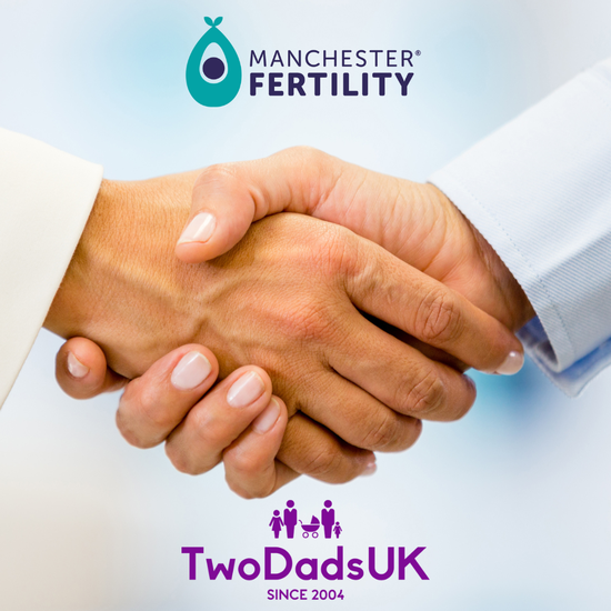 Photograph of Two Dads UK founders Mike & Wes with their children, both born through a surrogate, with an overlay of the Manchester Fertility and Two Dads UK logos.